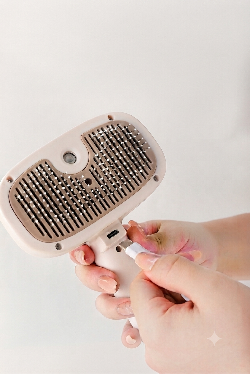 Peigne vaporisateur - branchement du câble de charge USB - rechargeable facilement - Fetchypaw