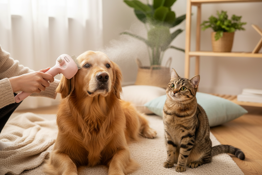 Peigne vaporisateur en action - diffusion de vapeur douce pour démêler les poils - Fetchypaw