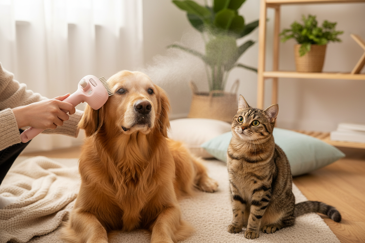 Peigne vaporisateur en action - diffusion de vapeur douce pour démêler les poils - Fetchypaw