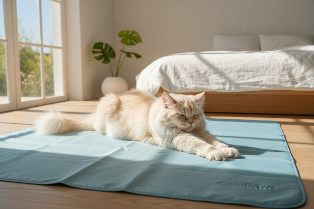 Chat se reposant sur tapis rafraîchissant rose posé sur canapé - Fetchypaw