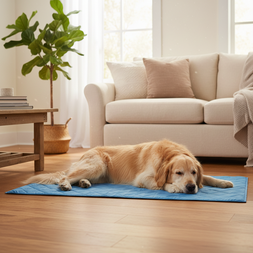 Chien allongé sur tapis rafraîchissant dans salon - utilisation quotidienne à la maison - Fetchypaw